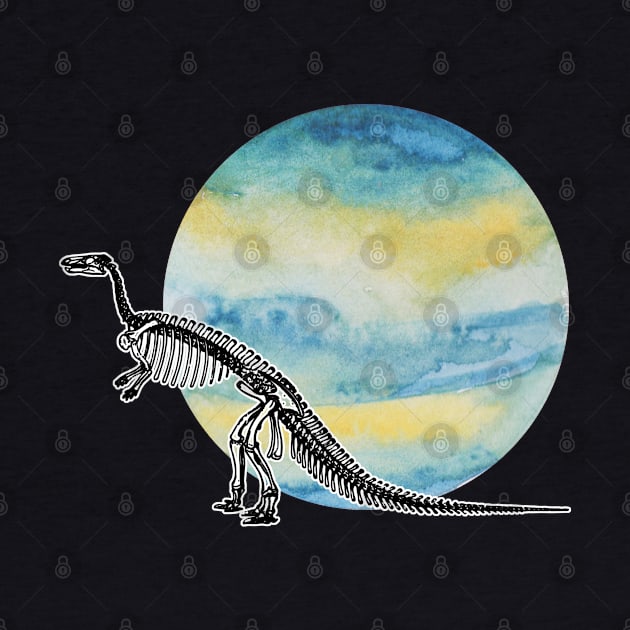 Dinosaur Skeleton in Space Blue Yellow Planet by chimakingthings